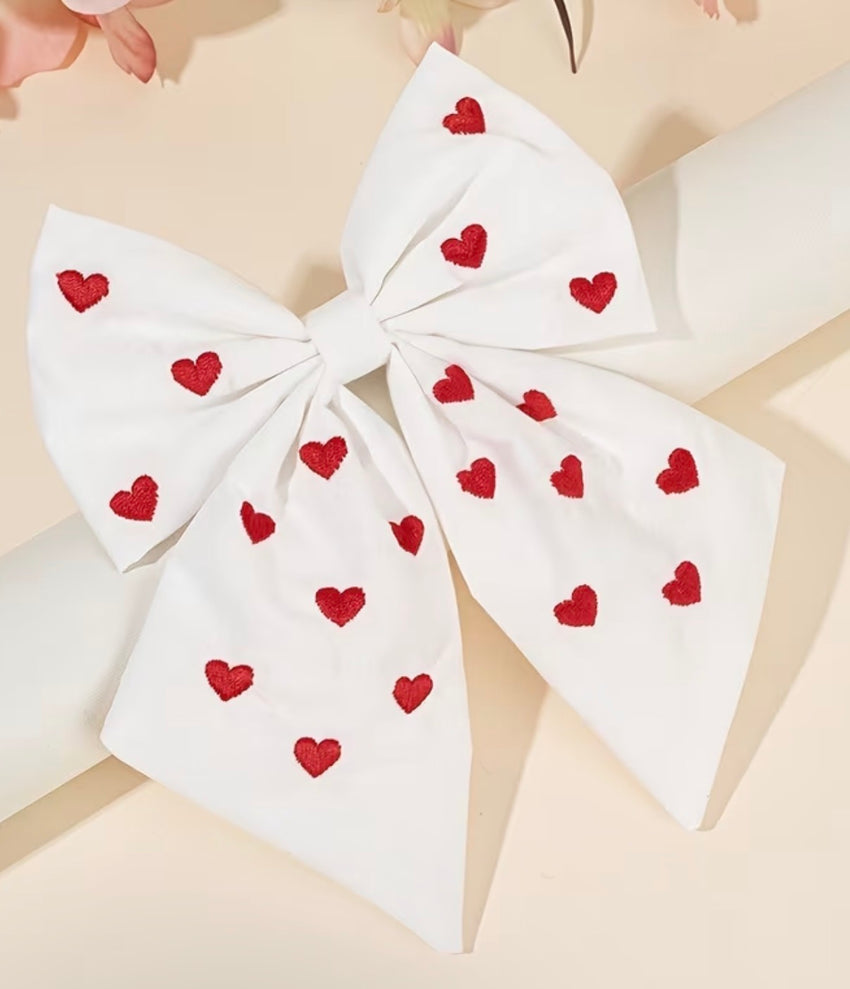 Larissa bow - fabric with embroidered hearts - valentines